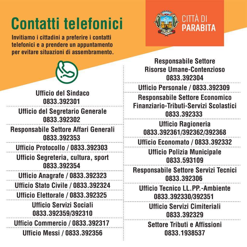 Emergenza Covid-19 - Contatto telefonico o via email con gli Uffici Comunali