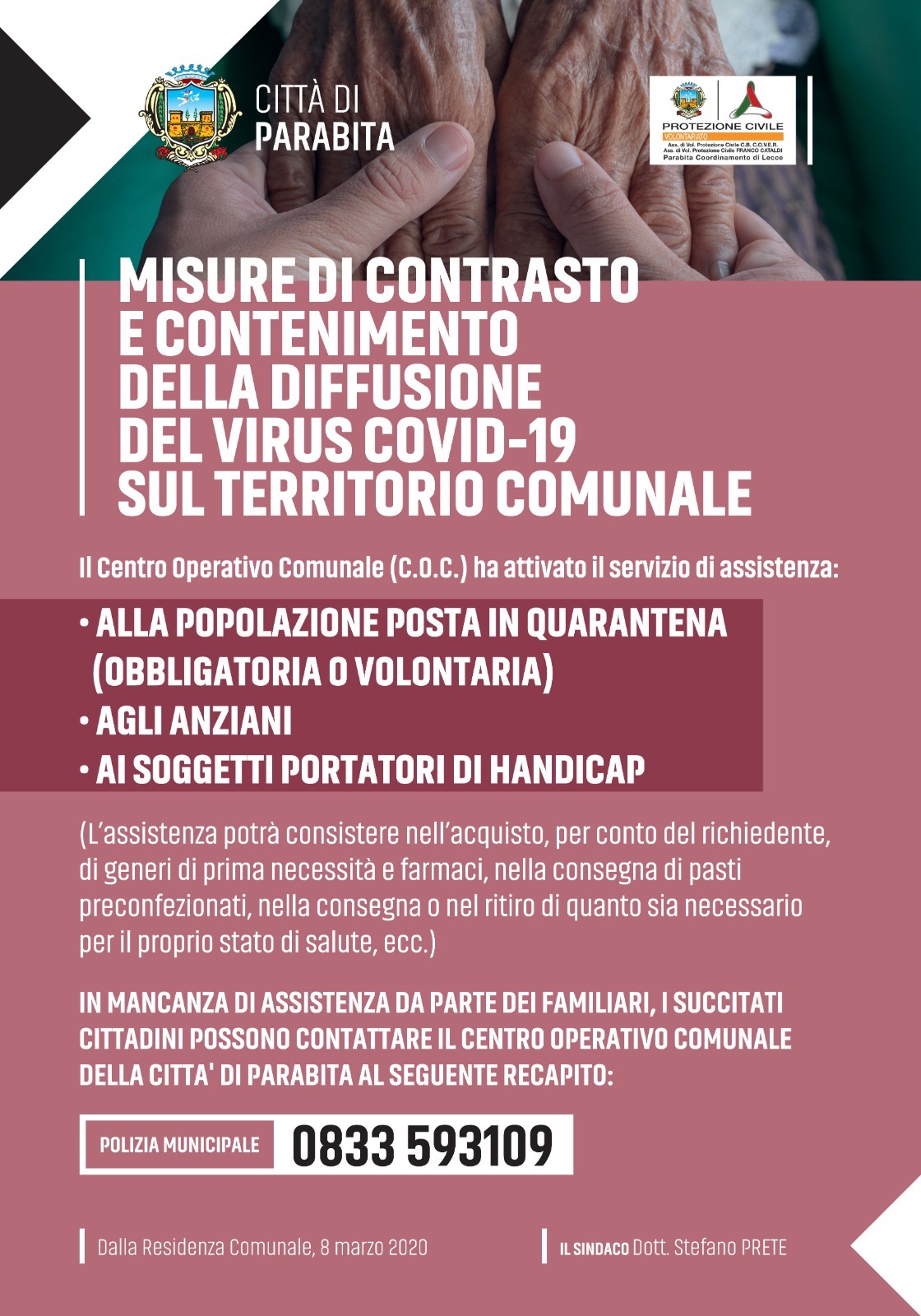 Attivato Centro Operativo Comunale. Parte il servizio di assistenza alle persone esposte e l’attività di controllo sul territorio comunale.