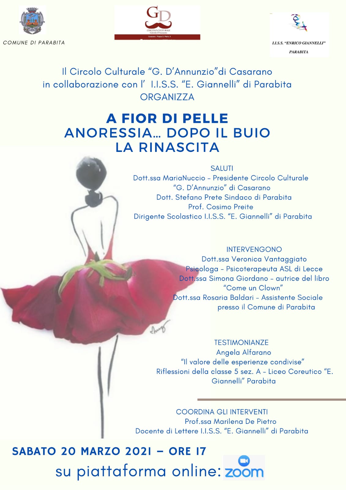 Incontro online  "A fior di pelle. Anoressia ... dopo il buio la rinascita"