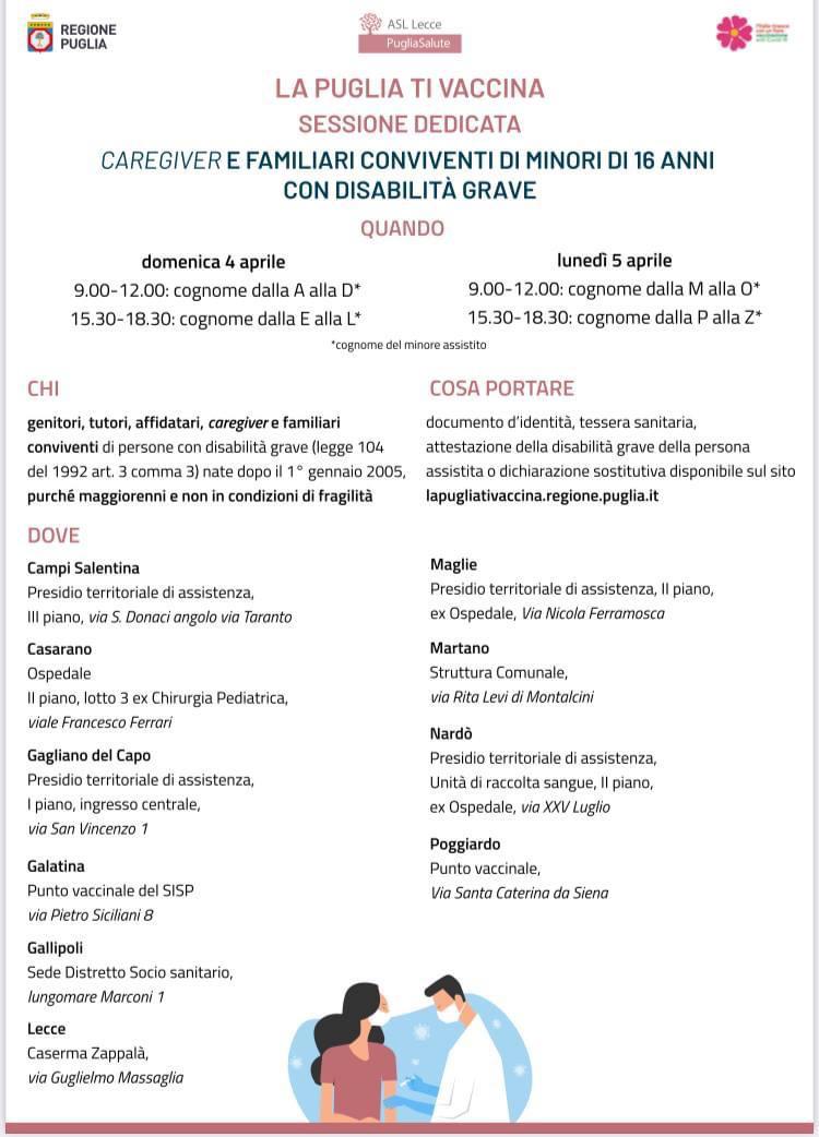 LA PUGLIA TI VACCINA - Sessione dedicata a Caregiver e familiari conviventi di minori di 16 anni con disabilità grave. 