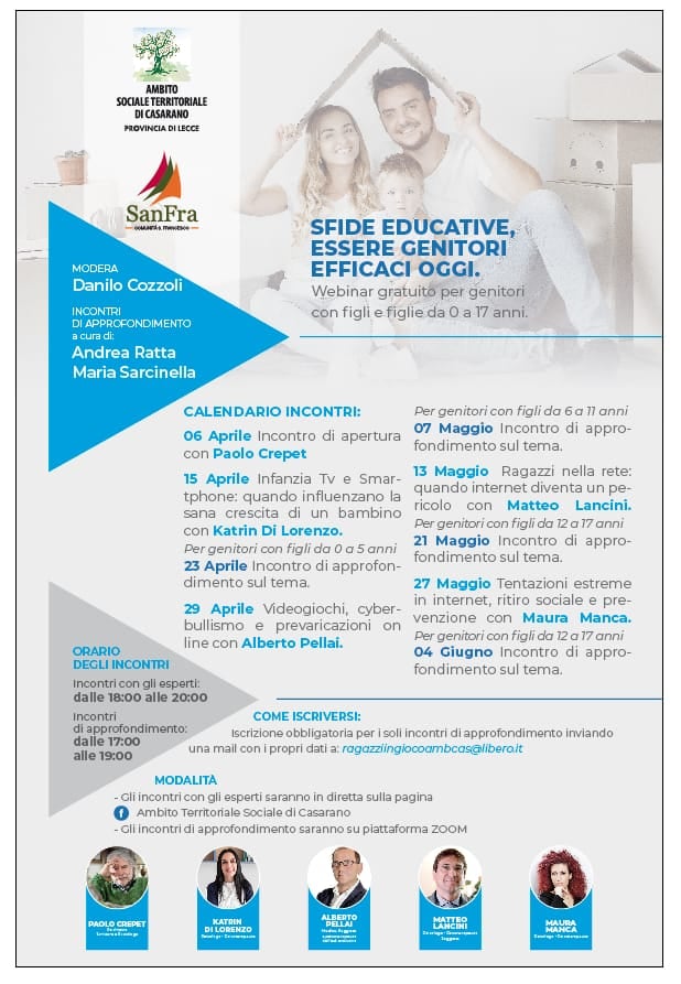 Sfide educative, essere genitori efficaci oggi. webinar gratuito per genitori con figli e figlie da 0 a 17 anni.